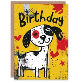 Artery8 Birthday Card Puppy Love Hearts Cute Dog Lover Child Drawing Blank Art All Occasion Greeting Card