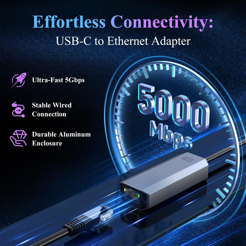 Minthouz USB C to Ethernet Adapter，5G Wired Network Adapter,Aluminum RJ45