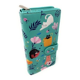 Shag Wear Cats in the Garden Large Spring Summer Animal Wallet for Women and Teen Girl Vegan Faux Leather Light Teal 7"