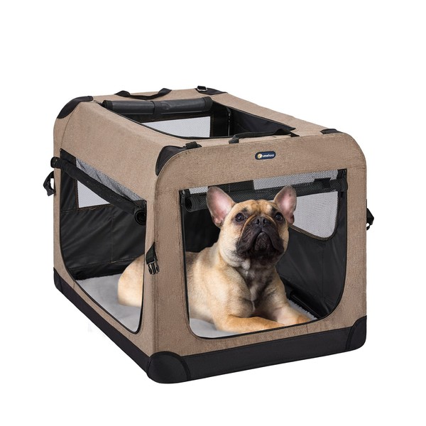 Veehoo Folding Soft Dog Crate, 3-Door Pet Kennel for Crate-Training Dogs, 5 x Heavy-Weight Mesh Screen, 600D Cationic Oxford Fabric, Indoor & Outdoor Use, 24", Beige Coffee