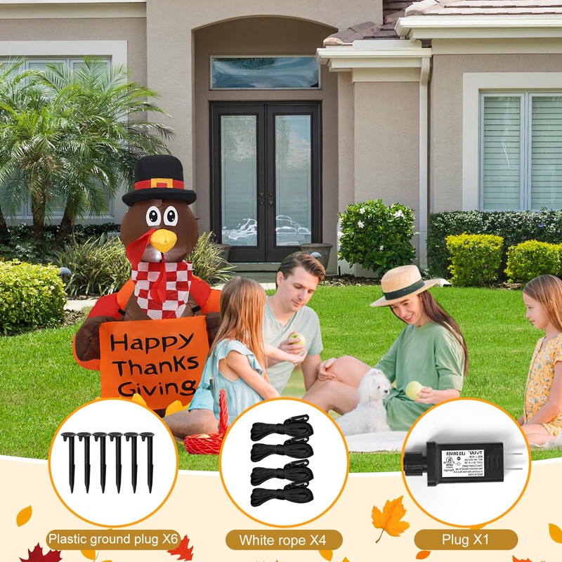 InfleasJoiy 4 FT Pull Banner Turkey Thanksgiving Inflatable Decoration with