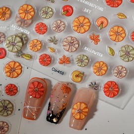 Pumpkin Nail Stickers Fall Nail Decals for Nails Art 5D Embossed Self Adhesive Autumn Thanksgiving Nail Art Stickers for Women Girls Kid Manicure Charms DIY Decoration Accessories