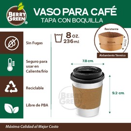 Berry Green 50 Vasos para Cafe de 8 oz (237 ml) Resistentes con Tapa y Manga Protectora, Perfecta Para Cafe, Te y Todo Tipo de Bebidas Calientes, sin Derrames, Biodegradables
