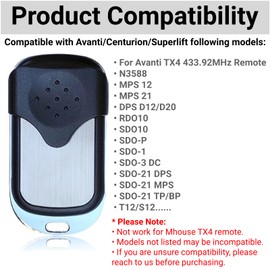 QSDIYRF Garage or Gate Remote Compatible with Avanti/Centurion/Superlift Door Opener, Replacement for Avanti TX4 Garage Door Remote Control, 433.92MHz 4-Channel Transmitter (1 Pack)