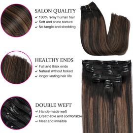 ORIGEN Clip in Hair Extensions Real Remy Human Hair Balayage Natural Black to Chestnut Brown Highlights Hair for Women 80g 7 Pcs 12 Inches