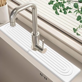 Weidllys Faucet Mat for Kitchen Sink - 24'' Long Diatomite Fast Drying Stone Sink Tray, Super Absorbent, Prevents Moisture Buildup - Faucet Splash Guard for Bathroom Counter [White, 23.6" x 3.9"]