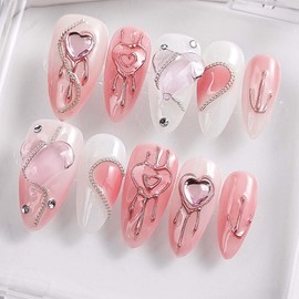 10Pcs Handmade Press On Nails Medium Almond Press On Nails Heart Rhinestone With 3D Metal Design Full Cover Acrylic False Nails Artificial Reusable Glue On Nail Stick On Nail For Women (SIZE:L)