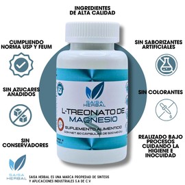 L-treonato De Magnesio 100% Puro con 60 Cápsulas SAISA HERBAL