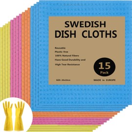 QILEMI Sponge Cloth Dish Cloths Pack of 15 Swedish Tea Towels 100% Biodegradable Plastic-Free Cleaning Cloth Reusable Kitchen Towels (20 cm x 18 cm)