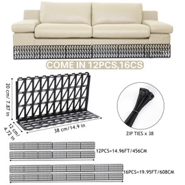 LILANZo 16 PCS Under Couch Blocker for Bed Adjustable Furniture Plastic Under Bed Blocker with 38 Ties Black Couch Barriers for Dogs Pets Cats