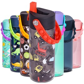 Elemental Water Bottles for Kids - Splash Kids Water Bottle for School with Pop-it Handle - BPA Free Tritan Plastic Water Bottle with Straw Leak Proof when Spout is Closed - Construction - 18oz