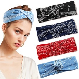 4 Pack Bandana Boho Hairbands Hair Accessories 1950's Vintage sports Headbands for Women Twist Elastic Turban Head Wraps hair bands for girls (widdripping)