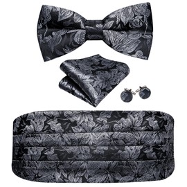 Barry.Wang Cummerbund Bow Tie Set for Men, Silk Cummerbund Pretied Bow Tie Pocket Square Cufflinks
