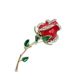 Sunjiaqi Red Rose Flowers Brooch: Crystal Flower Pin - Vintage Style - Red - Female - 1 Count