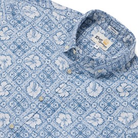 Reyn Spooner Pua Patchwork Tailored Button Front Hawaiian Aloha Shirt, Infinity Blue, 2XL