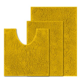 RUN HELIX Chenille Bath Mat, Non Slip Extra Soft Bath Toilet Mat 3 Pieces, Super Absorbent Bath Rug for Bathroom, Bedroom, Shower and Tub, Washable Quick Drying Bathroom Mat Turmeric