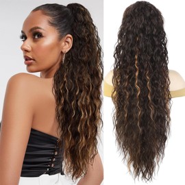 Humistwbiu Claw Clip Ponytail Extension for Women 30 Inch Long Ponytail Hair Piece Wavy Curly Synthetic Hairpieces, Brown with Blonde Highlights