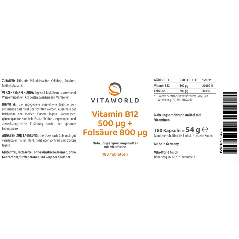 Vitaworld Vitamin B12 500 μg + Folic Acid 800 μg,