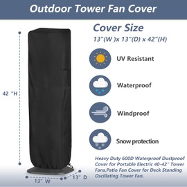 Exokugo Outdoor Tower Fan Cover, Heavy Duty 600D Waterproof Dustproof Cover for Portable Electric 40-42" Tower Fans, Black