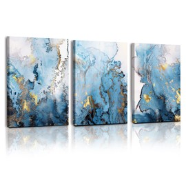SERIMINO® Abstract Canvas Wall Art for Living Room, Wall Decor for Bedroom, Blue Gold Marbling Pictures for Bathroom Wall Decoration, Painting Set for Office, Home Decor for Wall