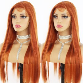 ANDRIA Lace Front Wigs Straight Hair Glueless Lace Wigs Synthetic Long Silk Straight Natural Wig Heat Resistant Fiber Hair Orange Ginger Wig With Baby Hair For Black Women 24 Inches