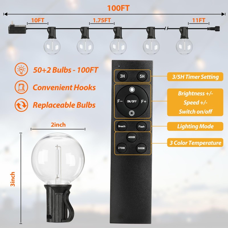 100FT LED Outdoor String Lights with 3 Color Lights, Dimmable