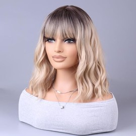 iChicHair 14 Inches Short Curly Ombre Blonde Wig with Bangs Loose Wavy Bob Wig for Women Shoulder Length Synthetic Blonde with Dark Roots Wig for Girl Costume Party Wigs