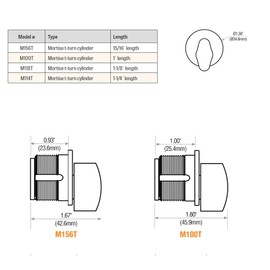 GMS M100T-3 Thumb-Turn (T-TURN) Mortise Cylinder- 1″, Polished Brass Finish
