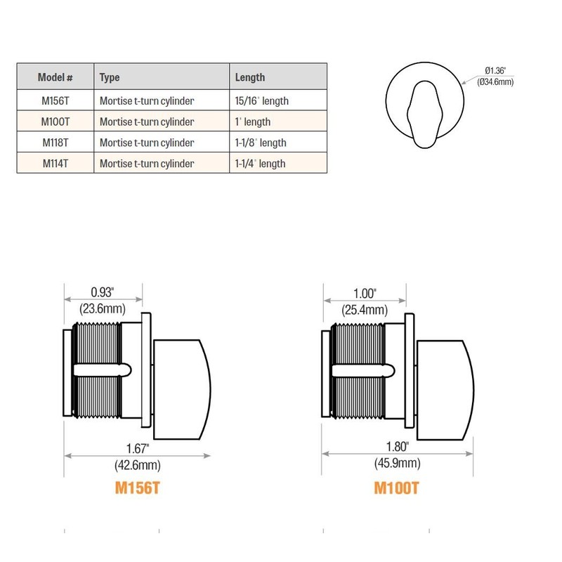 GMS M100T-3 Thumb-Turn (T-TURN) Mortise Cylinder- 1″, Polished Brass Finish