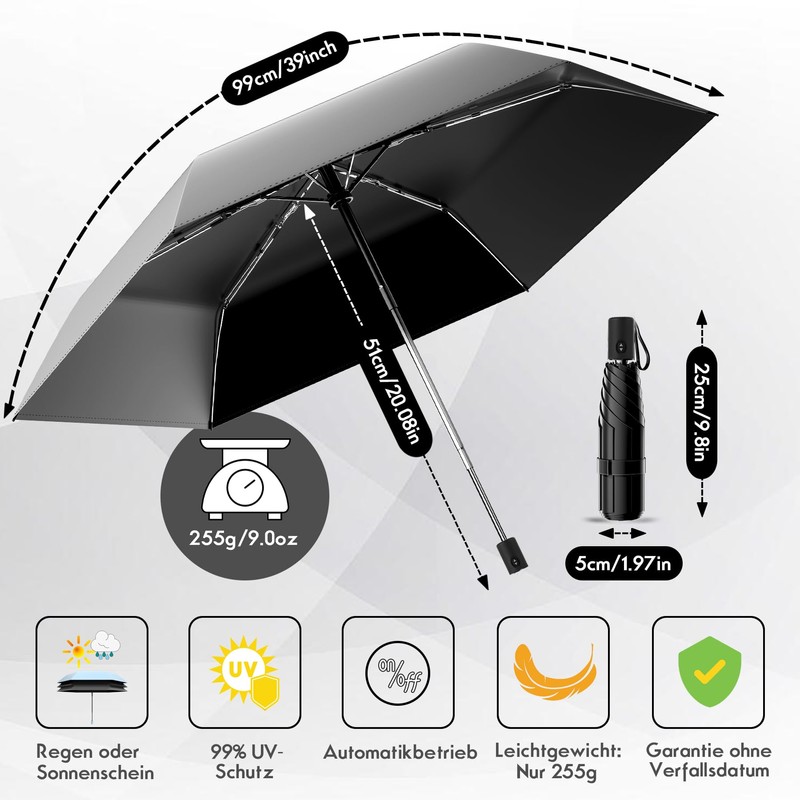 Moorrlii Automatic Mini Travel Umbrella, Windproof, Foldable, UV Protection, Instant