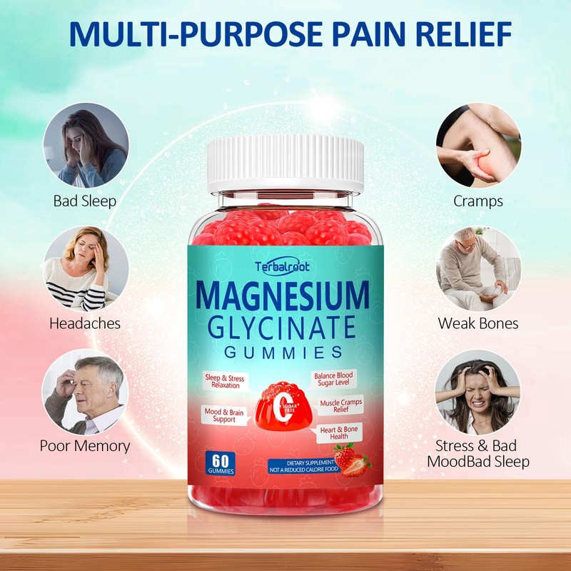 Natural Magnesium Glycinate Gummies 400mg, Sugar Free Magnesium Gummies for