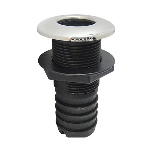 SeaLux Marine Straight Thru-Hull/Scupper Drain for Hose Dia. 1-1/4", Flange Dia. 2-3/8" with 316 SS Trim Cover Black Poly for Bilge Pump