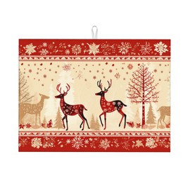Christmas Elk Pattern Dish Drying Mats for Kitchen Counter Reversible Dishes Pad 18 x 24Inch Absorbent Fast Dry Drainer Rack Mat
