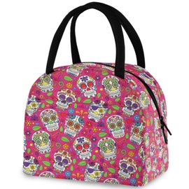 ZzWwR Chic Sugar Skulls Day of the Dead Reusable Lunch Tote Bag with Front Pocket Zipper Closure Insulated Thermal Cooler Container Bag for Man Women Work Picnic Travel Beach Fishing