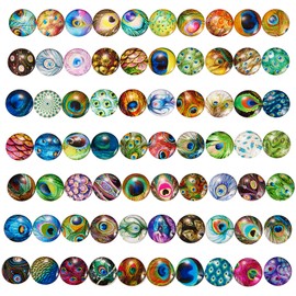BEEFLYING Pack of 70 Peacock Feathers Flatback Glass Cabochons Mosaic Printed Glass Cabochons Colourful Glass Dome Cabochons for Jewellery Making