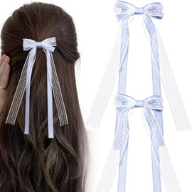 CustomyLife 2Pcs Blue Lace Hair Bows Cute Coquette Bow Clips Long Tail Ribbon Bowknot Barrettes for Women Christmas Valentines Wedding Prom Decorative Accessories