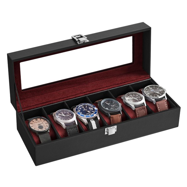 SONGMICS Watch Box, Christmas Gifts, 6-Slot Watch Case with Large Glass Lid, Removable Watch Pillows, Watch Box Organizer, Gift for Loved Ones, Black Synthetic Leather, Wine Red Lining UJWB006R01