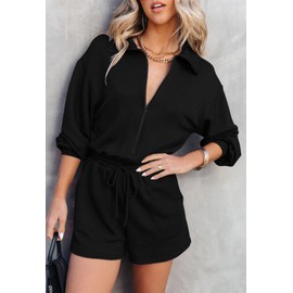Fixmatti Women's Summer Long Sleeves Rompers V Neck Quarter Zip up Sports Shorts Jumpsuits Black L