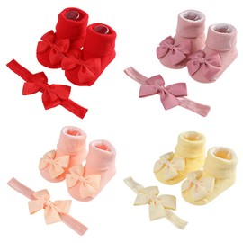 Baby Girls Nylon Headbands and Socks Sets, 4 Sets Newborn Infant Toddlers Baby Photography Props for 3-12 Months