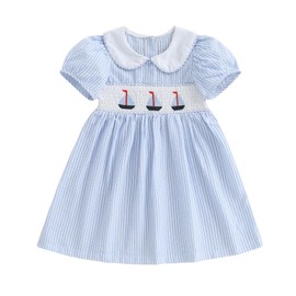 Toddler Baby Girl Sailboat Outfit Smocked Dresses Doll Collar Dress Cute Little Girls Summer Clothes (sail Boat Blue, 12-18 Months)