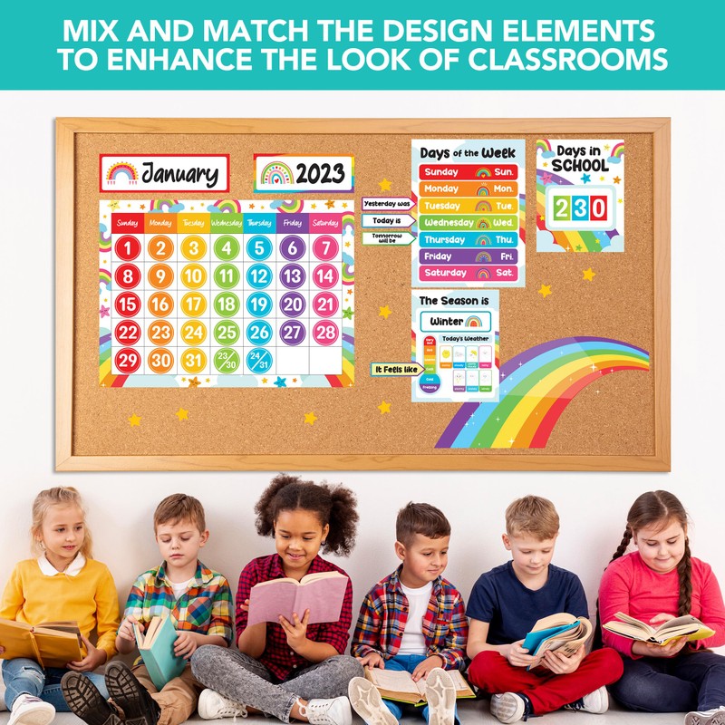 Decorably 147 Pcs Cutouts Rainbow Vibrant Class Calendar Bulletin Board