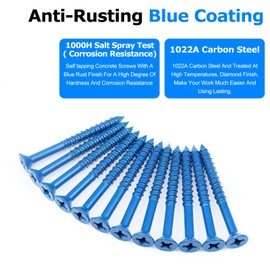100PCS Concrete Screws Assortment Kit, 1/4" x 2-3/4" Masonry Screws with Drill Bit and Driver Bit, Flat Head Cement Screws and Anchor, Diamond Point, Self Tapping Concrete Brick or Stucco, Blue Coated