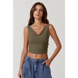 QINSEN Women's Off Shoulder Sleeveless Double-Layer Tank Tops Basic Tight T Shirts Olive Green XS