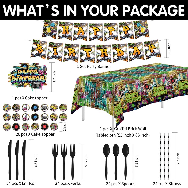 FVABO Graffiti Brick Wall Birthday Party Supplies for Retro 80s
