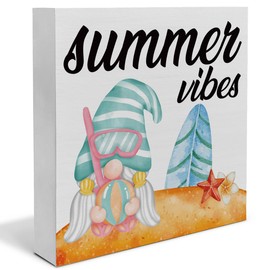 Summer Decor, Summer Vibes Decorations Beach Gnomes Wooden Sign Summer Home Decor Indoor for Desk Table Shelf 5 X 5 Inches
