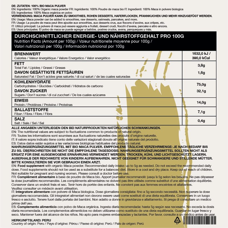 Organic Maca Powder from Peru (250 g), Organic Maca Ground