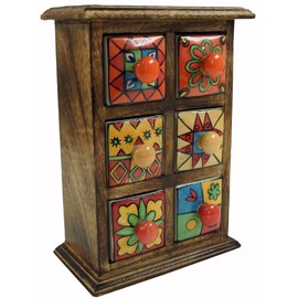 GURU SHOP Apothecary Cabinet with Colourful Ceramic Drawers, Spice Box, 2 x 3 Compartments, Model 1, Brown, 25 x 18 x 10 cm, Tins, Boxes & Caskets