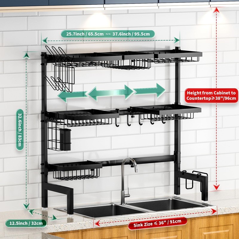 Over The Sink Dish Drying Rack,Expandable Length 3-Tier Large Stainless