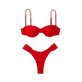 SweatyRocks Women's Two Piece Swimsuit Ruched High Cut Mid Rise Bikini Sets Swimwear Red Large