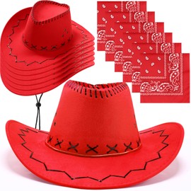 Zhanmai 12 Pieces Cowboy Hats and Bandanas Bulk Western Cowboy Cowgirl Hats Costume Party Favors(Red)